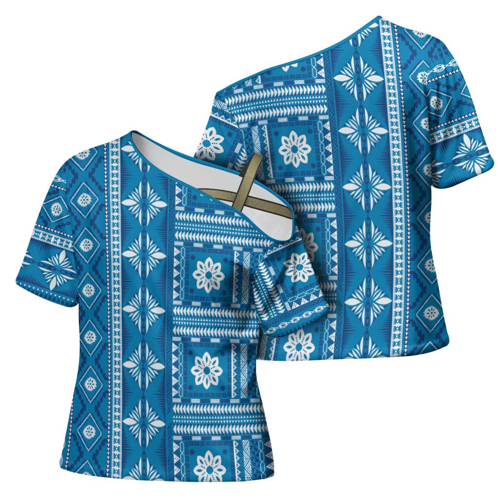 Fiji Masi All Blue Cross Shoulder Shirt Tapa Pattern - Polynesian Pride