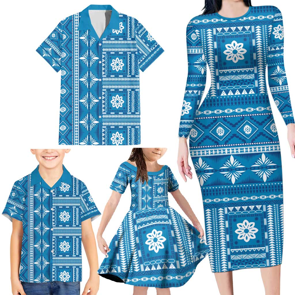 Fiji Masi All Blue Family Matching Long Sleeve Bodycon Dress and Hawaiian Shirt Tapa Pattern - Polynesian Pride