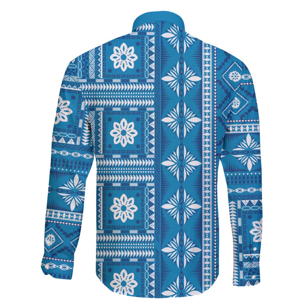 Fiji Masi All Blue Family Matching Long Sleeve Bodycon Dress and Hawaiian Shirt Tapa Pattern - Polynesian Pride
