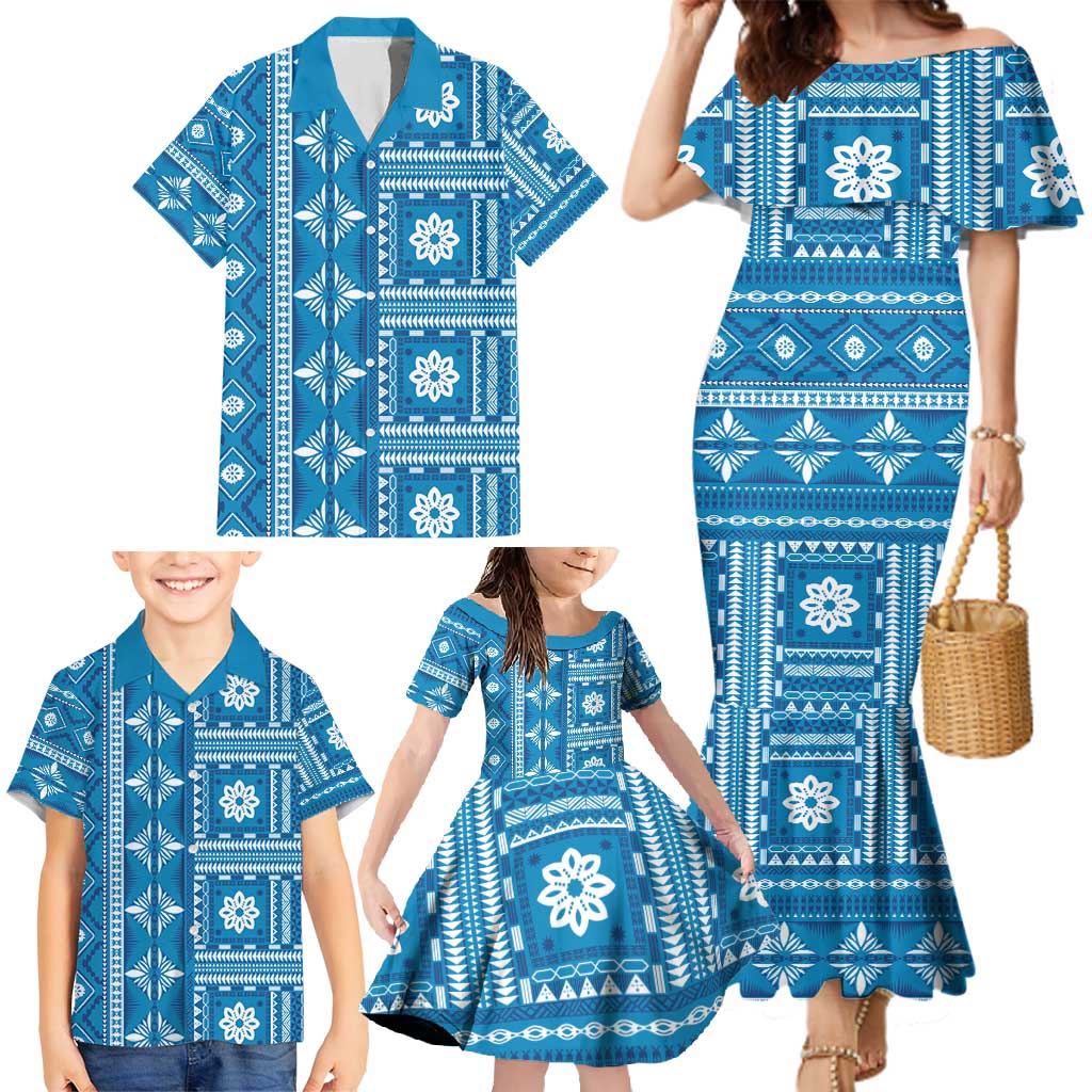 Fiji Masi All Blue Family Matching Mermaid Dress and Hawaiian Shirt Tapa Pattern - Polynesian Pride