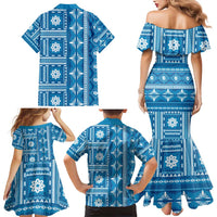 Fiji Masi All Blue Family Matching Mermaid Dress and Hawaiian Shirt Tapa Pattern - Polynesian Pride