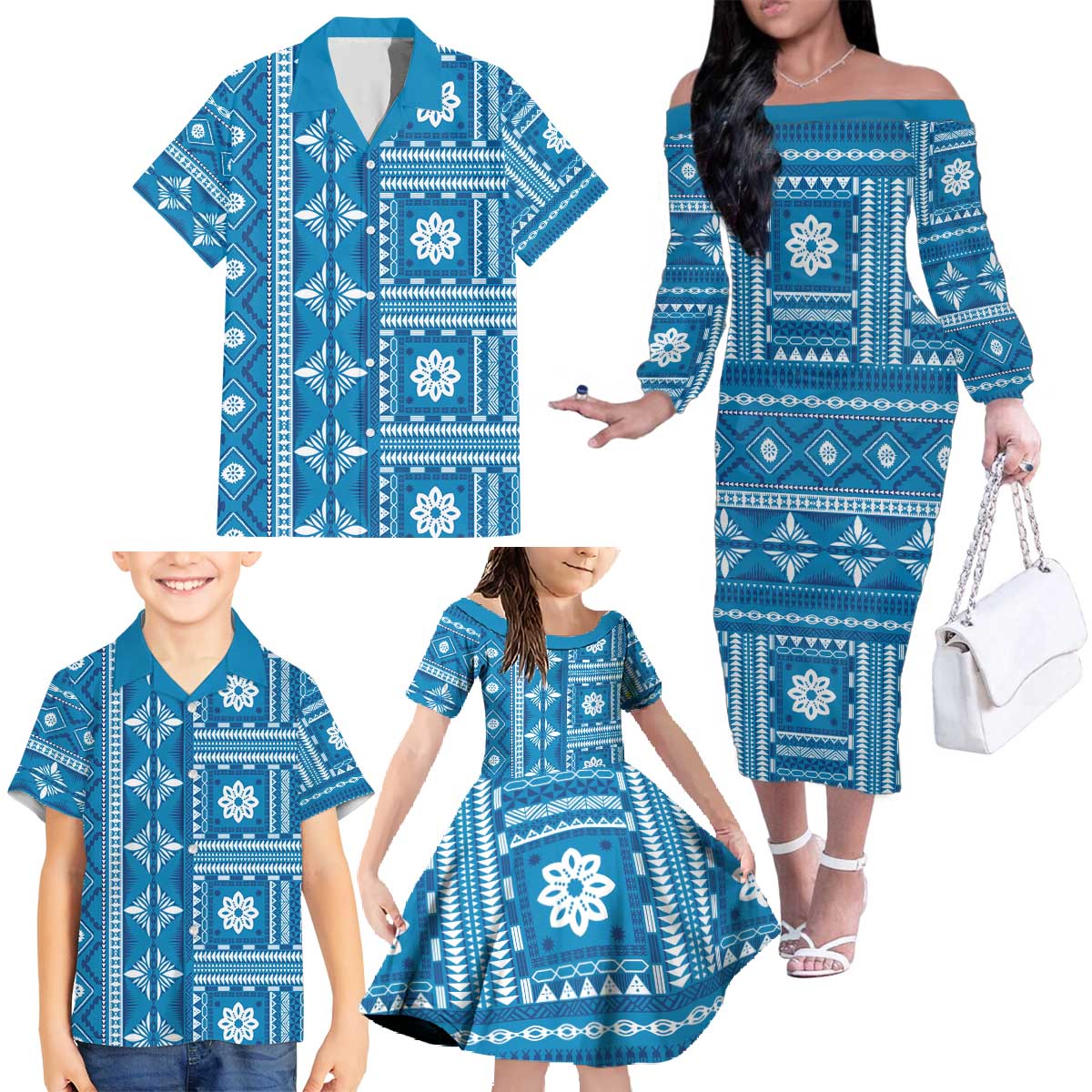 Fiji Masi All Blue Family Matching Off The Shoulder Long Sleeve Dress and Hawaiian Shirt Tapa Pattern - Polynesian Pride