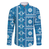 Fiji Masi All Blue Family Matching Off The Shoulder Long Sleeve Dress and Hawaiian Shirt Tapa Pattern - Polynesian Pride