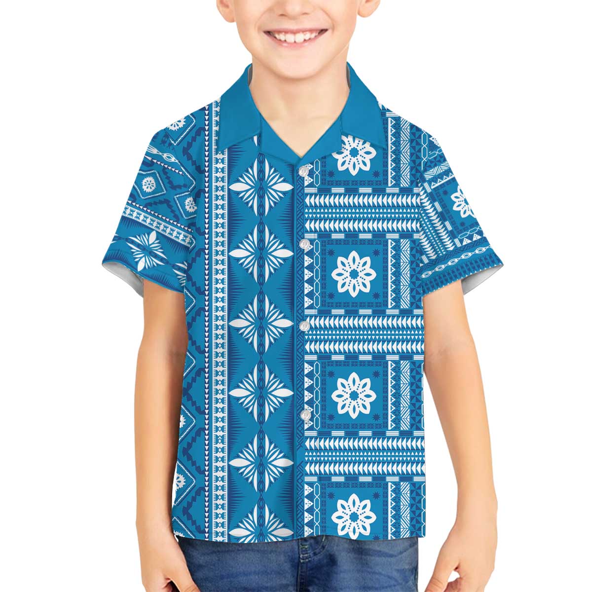 Fiji Masi All Blue Family Matching Off The Shoulder Long Sleeve Dress and Hawaiian Shirt Tapa Pattern - Polynesian Pride