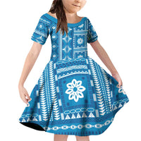 Fiji Masi All Blue Family Matching Off Shoulder Short Dress and Hawaiian Shirt Tapa Pattern - Polynesian Pride