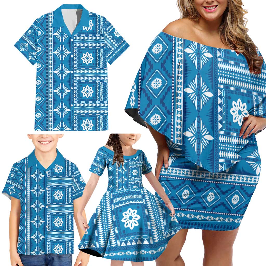 Fiji Masi All Blue Family Matching Off Shoulder Short Dress and Hawaiian Shirt Tapa Pattern - Polynesian Pride