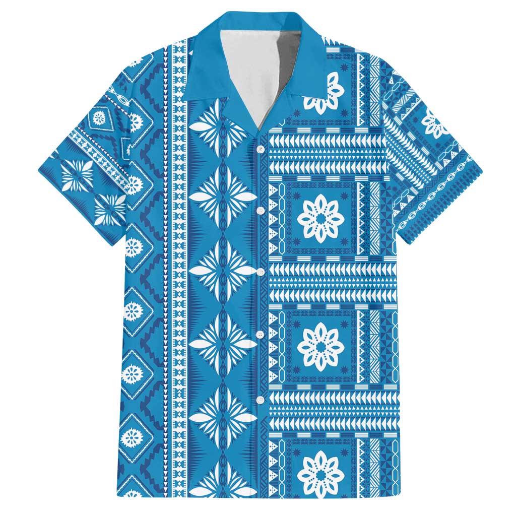 Fiji Masi All Blue Family Matching Off Shoulder Short Dress and Hawaiian Shirt Tapa Pattern - Polynesian Pride