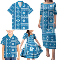 Fiji Masi All Blue Family Matching Puletasi and Hawaiian Shirt Tapa Pattern - Polynesian Pride