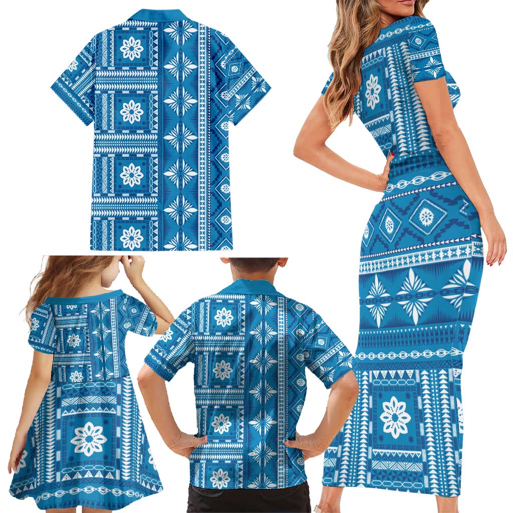 Fiji Masi All Blue Family Matching Short Sleeve Bodycon Dress and Hawaiian Shirt Tapa Pattern - Polynesian Pride