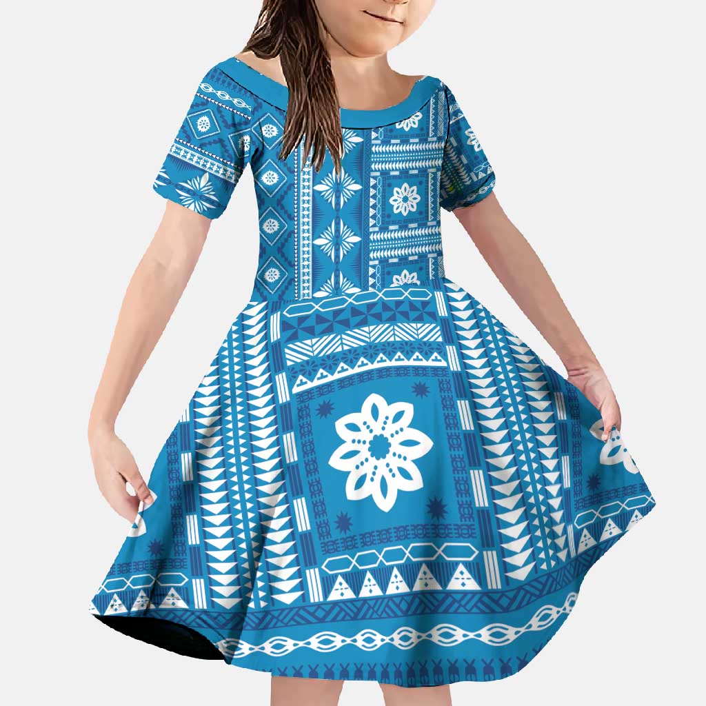 Fiji Masi All Blue Family Matching Tank Maxi Dress and Hawaiian Shirt Tapa Pattern - Polynesian Pride