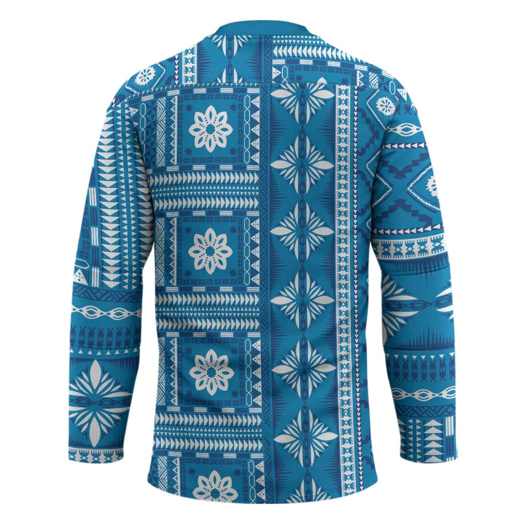 Fiji Masi All Blue Hockey Jersey Tapa Pattern - Polynesian Pride
