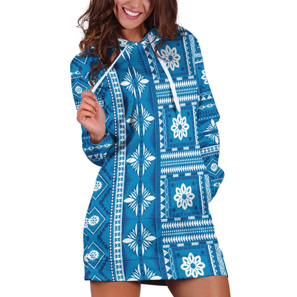 Fiji Masi All Blue Hoodie Dress Tapa Pattern - Polynesian Pride