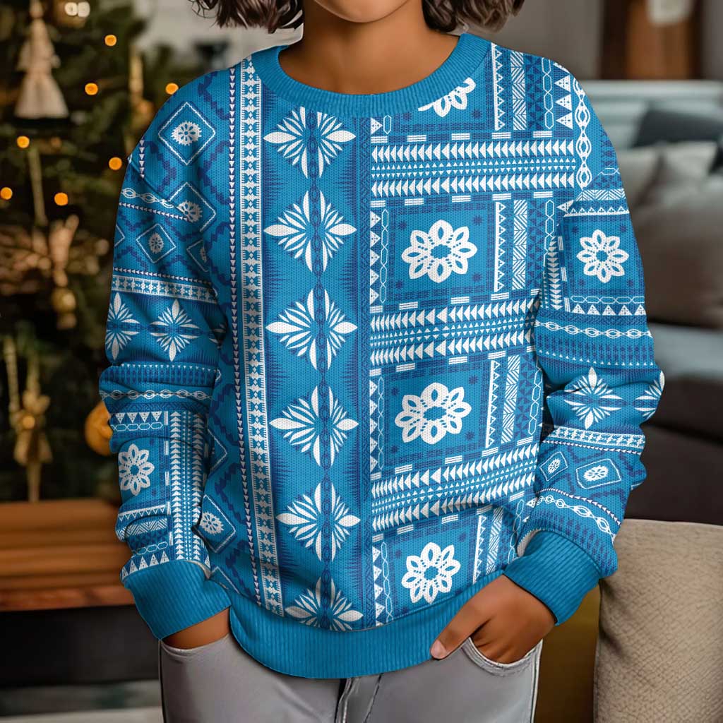 Fiji Masi All Blue Kid Ugly Christmas Sweater Tapa Pattern - Polynesian Pride