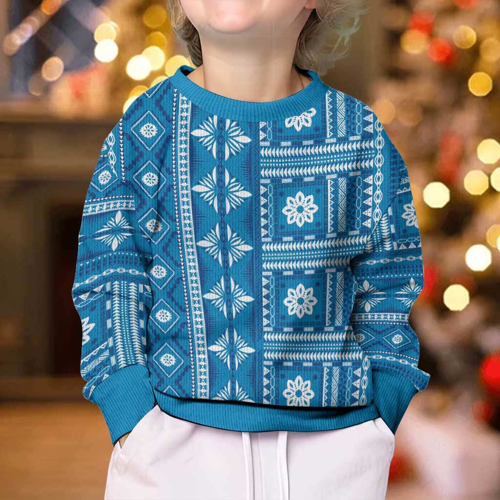 Fiji Masi All Blue Kid Ugly Christmas Sweater Tapa Pattern - Polynesian Pride