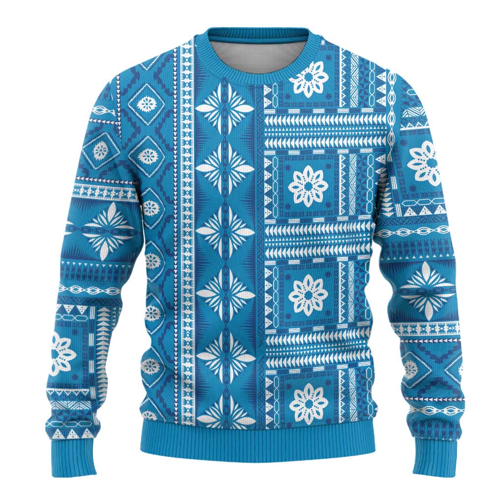 Fiji Masi All Blue Ugly Christmas Sweater Tapa Pattern - Polynesian Pride