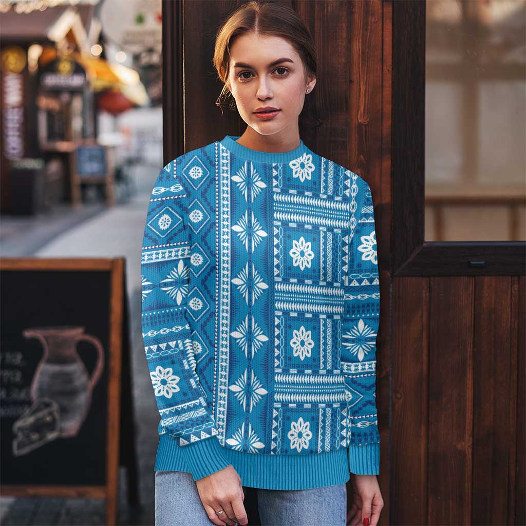 Fiji Masi All Blue Ugly Christmas Sweater Tapa Pattern - Polynesian Pride