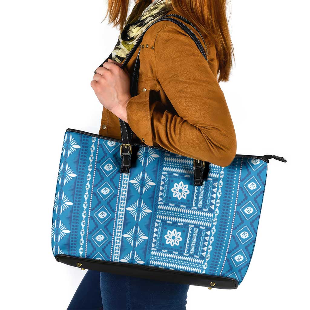 Fiji Masi All Blue Leather Tote Bag Tapa Pattern - Polynesian Pride