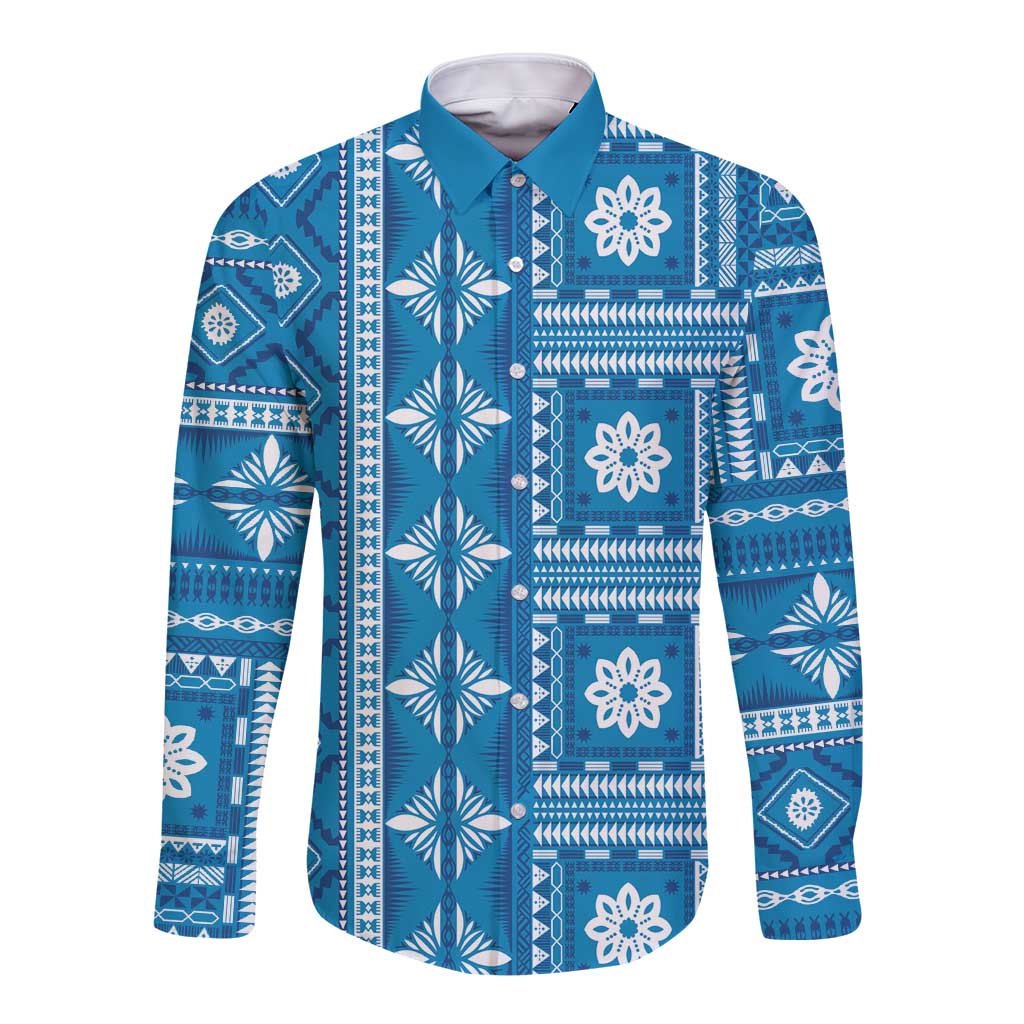 Fiji Masi All Blue Long Sleeve Button Shirt Tapa Pattern - Polynesian Pride