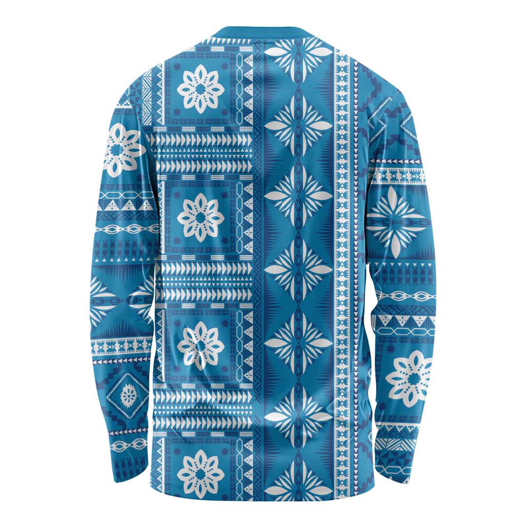 Fiji Masi All Blue Long Sleeve Shirt Tapa Pattern - Polynesian Pride