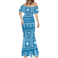 Fiji Masi All Blue Mermaid Dress Tapa Pattern - Polynesian Pride