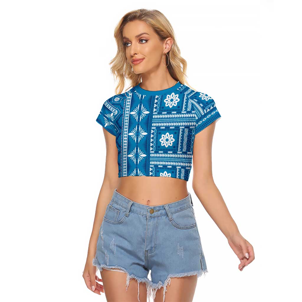 Fiji Masi All Blue Raglan Cropped T Shirt Tapa Pattern - Polynesian Pride