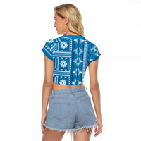 Fiji Masi All Blue Raglan Cropped T Shirt Tapa Pattern - Polynesian Pride