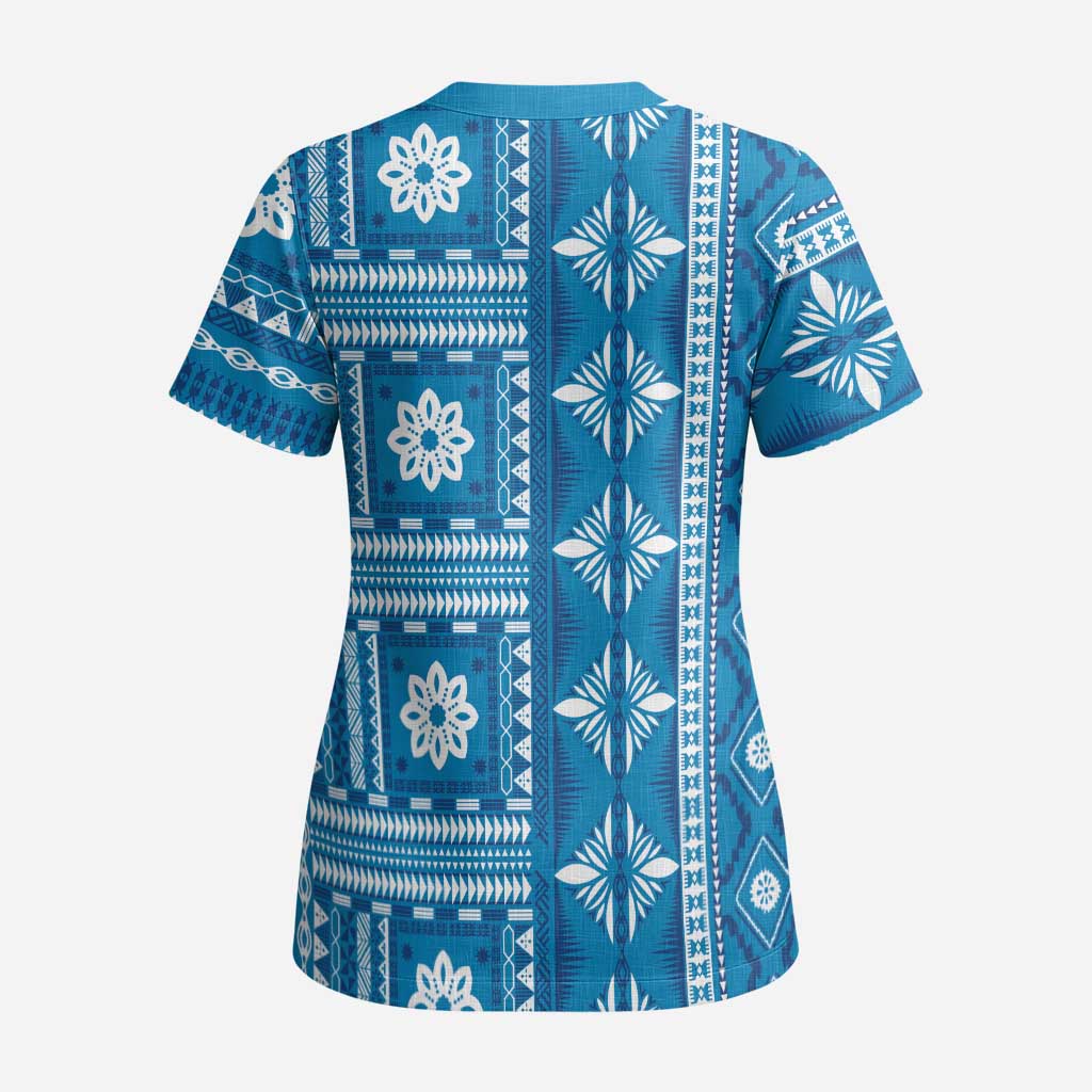 Fiji Masi All Blue Scrub Top Tapa Pattern - Polynesian Pride