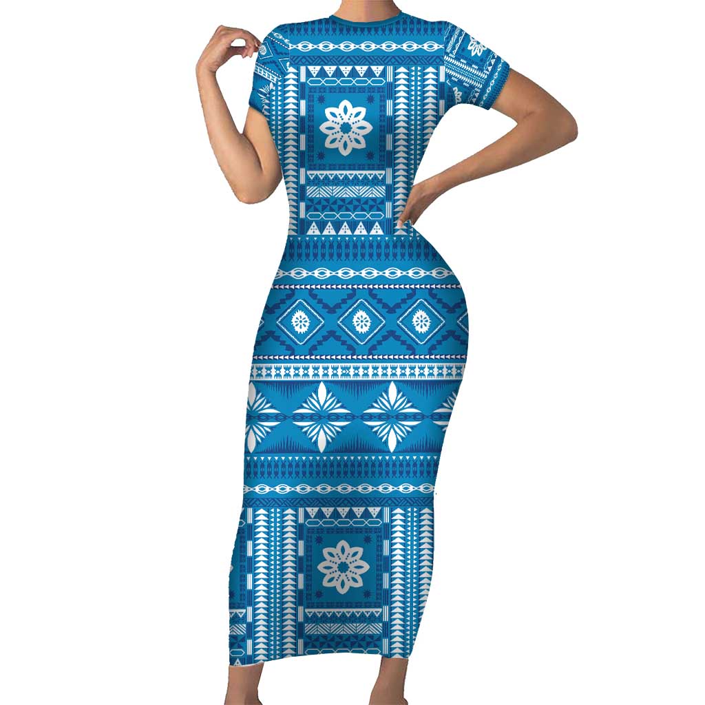 Fiji Masi All Blue Short Sleeve Bodycon Dress Tapa Pattern - Polynesian Pride