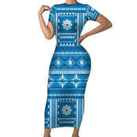 Fiji Masi All Blue Short Sleeve Bodycon Dress Tapa Pattern - Polynesian Pride