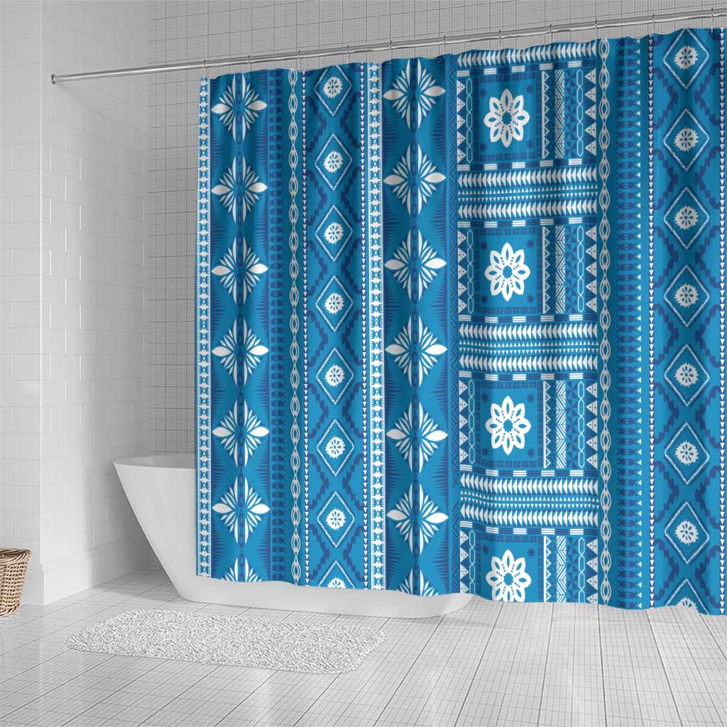 Fiji Masi All Blue Shower Curtain Tapa Pattern - Polynesian Pride
