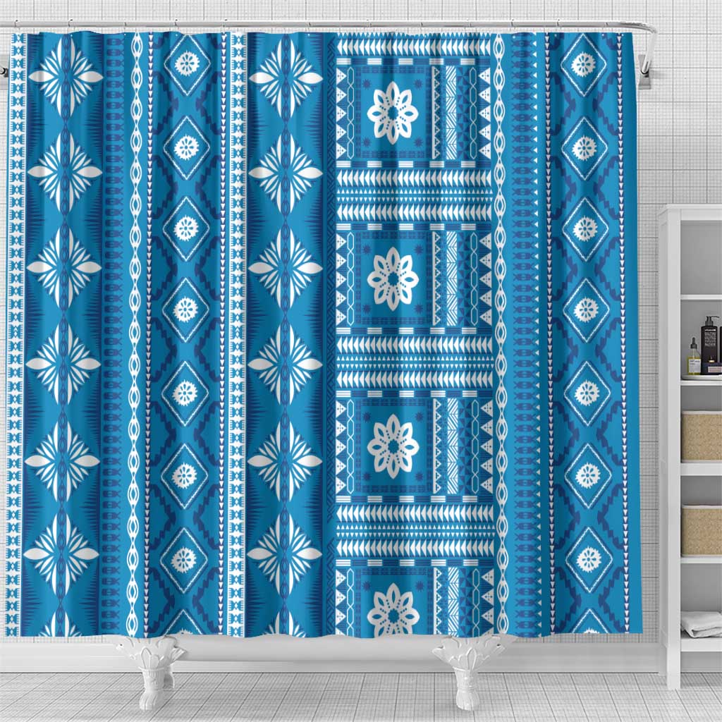 Fiji Masi All Blue Shower Curtain Tapa Pattern - Polynesian Pride