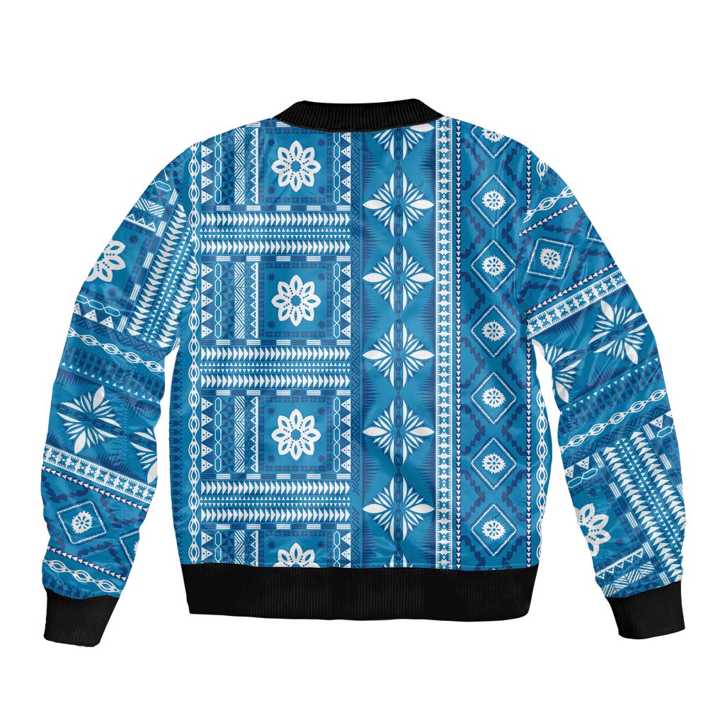 Fiji Masi All Blue Sleeve Zip Bomber Jacket Tapa Pattern - Polynesian Pride