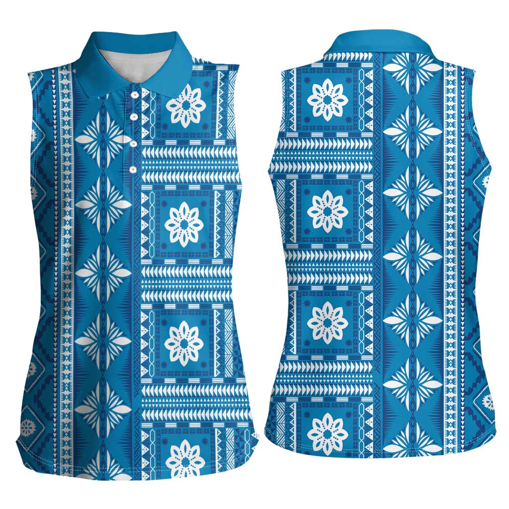 Fiji Masi All Blue Women Sleeveless Polo Shirt Tapa Pattern - Polynesian Pride