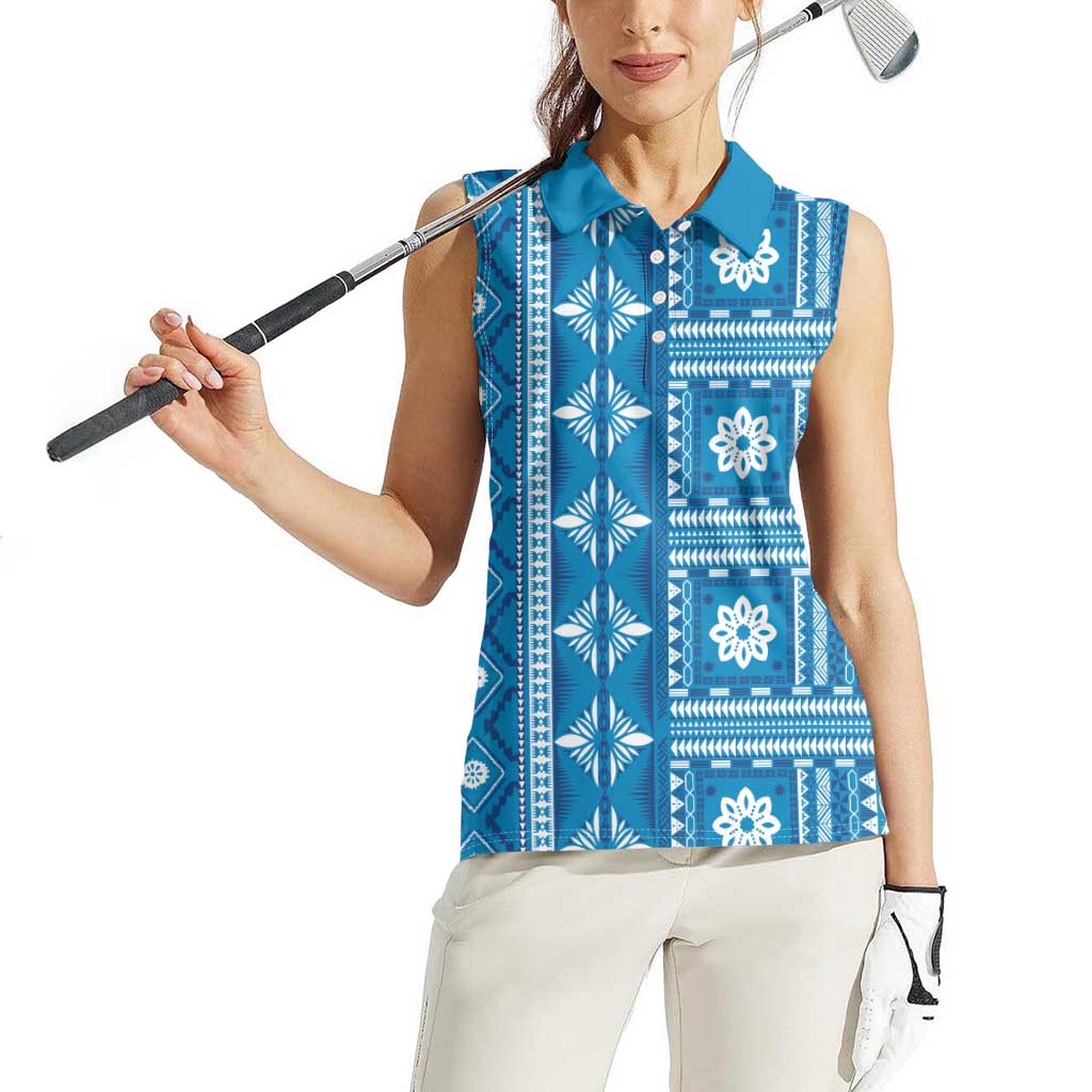 Fiji Masi All Blue Women Sleeveless Polo Shirt Tapa Pattern - Polynesian Pride