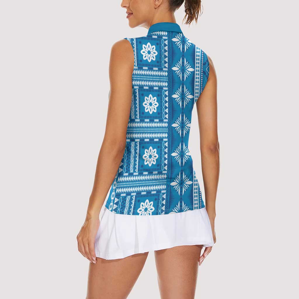 Fiji Masi All Blue Women Sleeveless Polo Shirt Tapa Pattern - Polynesian Pride
