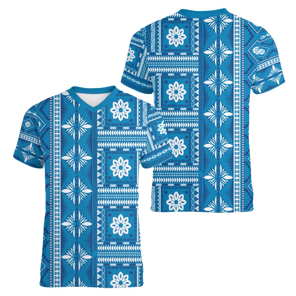 Fiji Masi All Blue Women V-Neck T-Shirt Tapa Pattern - Polynesian Pride
