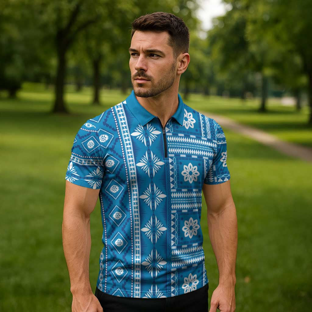 Fiji Masi All Blue Zipper Polo Shirt Tapa Pattern - Polynesian Pride