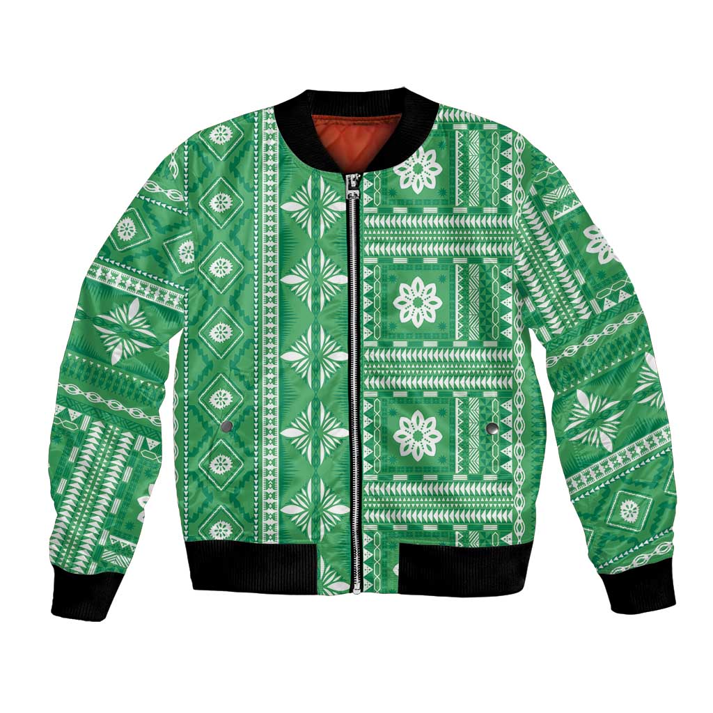 Fiji Masi All Green Bomber Jacket Tapa Pattern - Polynesian Pride
