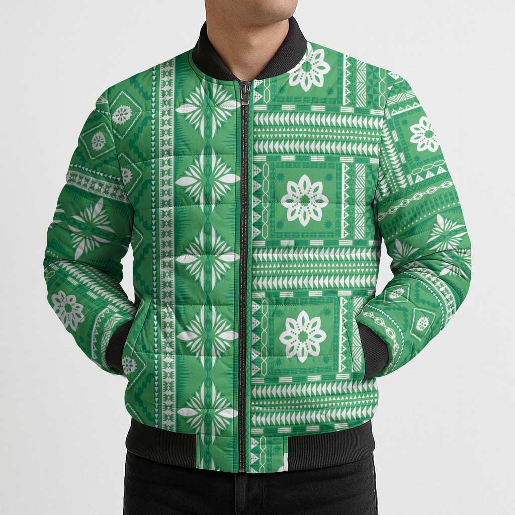 Fiji Masi All Green Bomber Puffer Jacket Tapa Pattern - Polynesian Pride