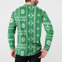 Fiji Masi All Green Button Sweatshirt Tapa Pattern - Polynesian Pride