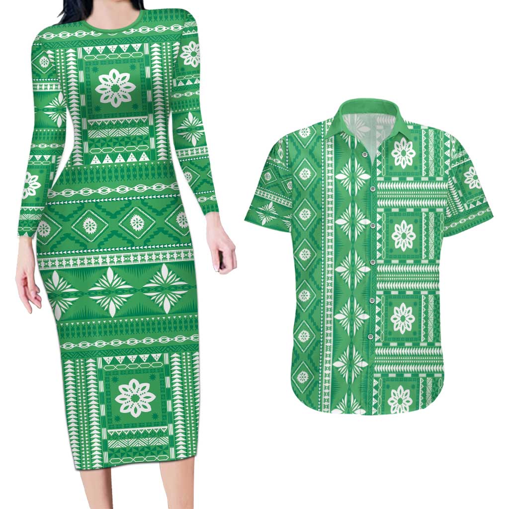 Fiji Masi All Green Couples Matching Long Sleeve Bodycon Dress and Hawaiian Shirt Tapa Pattern - Polynesian Pride