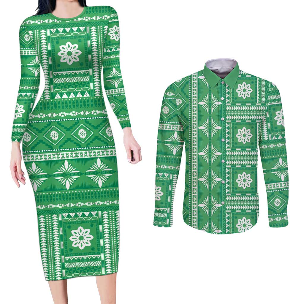 Fiji Masi All Green Couples Matching Long Sleeve Bodycon Dress and Long Sleeve Button Shirt Tapa Pattern - Polynesian Pride