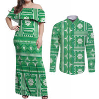 Fiji Masi All Green Couples Matching Off Shoulder Maxi Dress and Long Sleeve Button Shirt Tapa Pattern - Polynesian Pride
