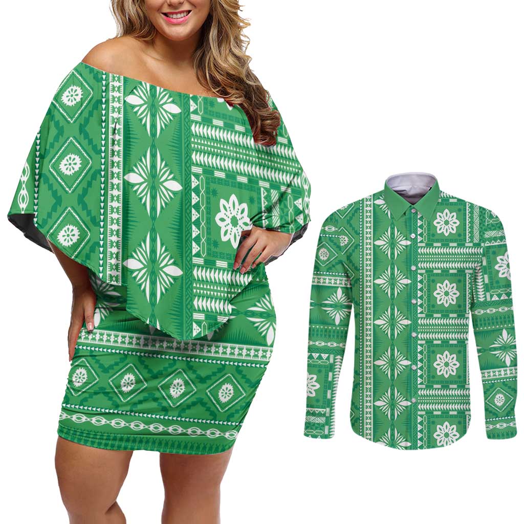 Fiji Masi All Green Couples Matching Off Shoulder Short Dress and Long Sleeve Button Shirt Tapa Pattern - Polynesian Pride