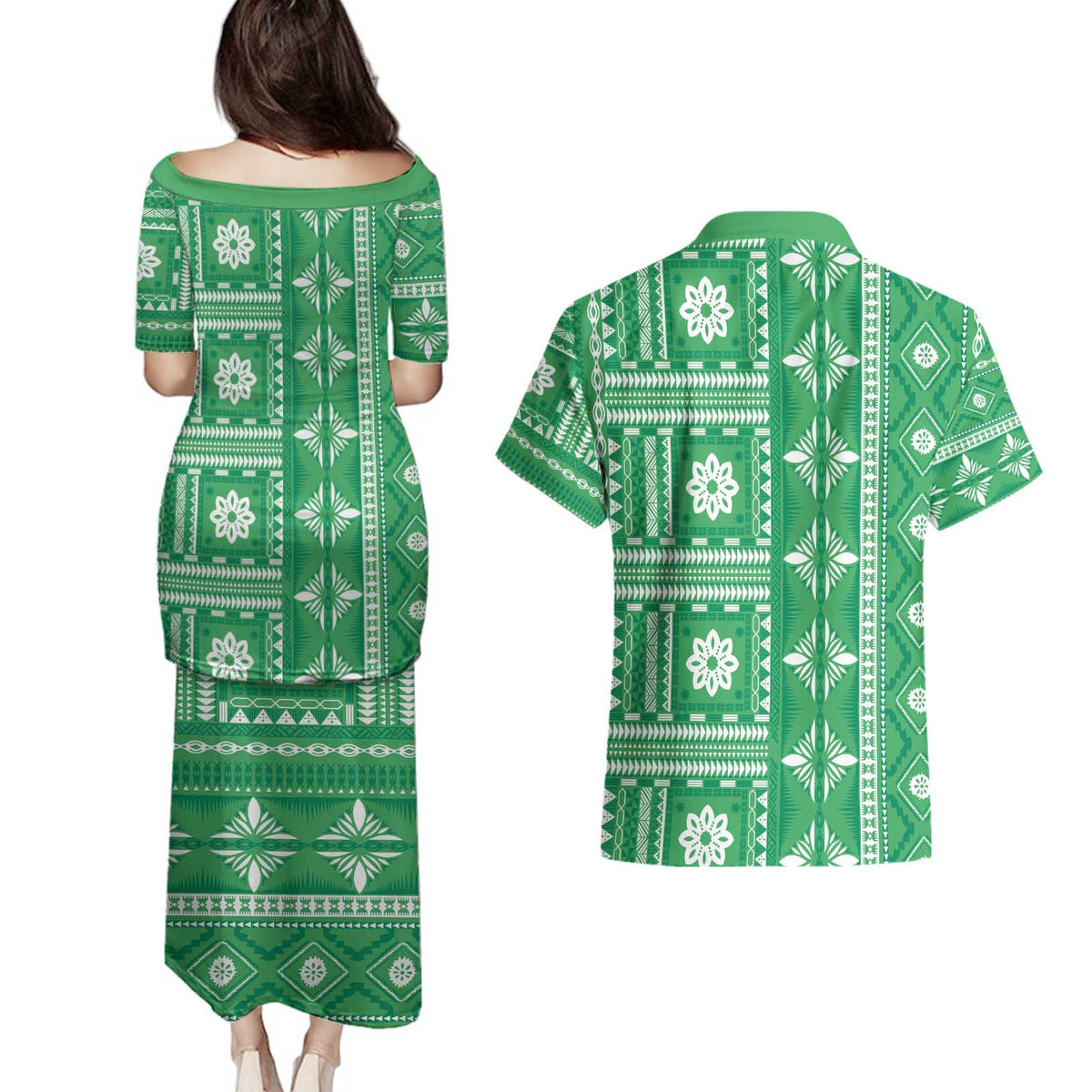 Fiji Masi All Green Couples Matching Puletasi and Hawaiian Shirt Tapa Pattern - Polynesian Pride