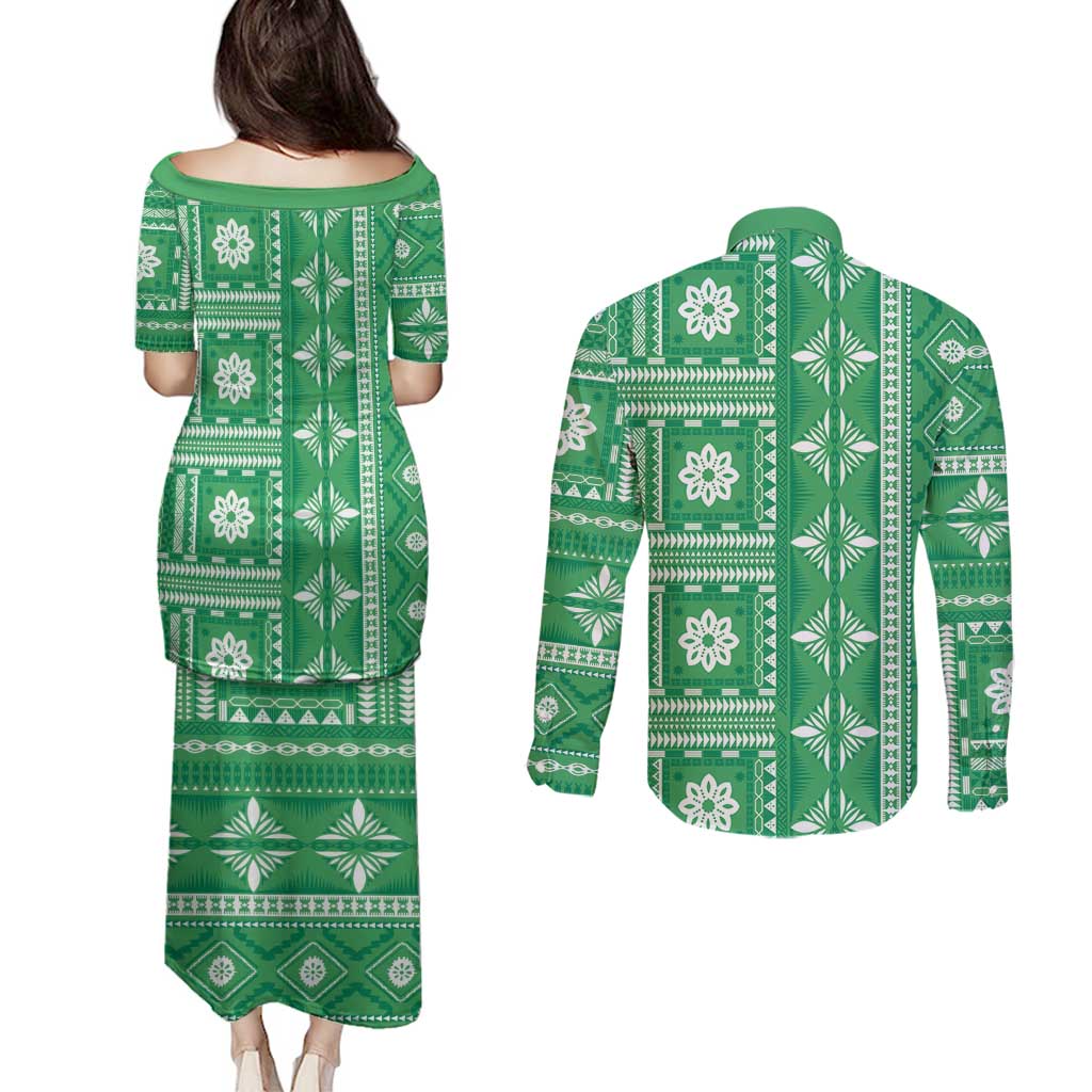 Fiji Masi All Green Couples Matching Puletasi and Long Sleeve Button Shirt Tapa Pattern - Polynesian Pride