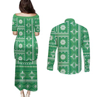 Fiji Masi All Green Couples Matching Puletasi and Long Sleeve Button Shirt Tapa Pattern - Polynesian Pride