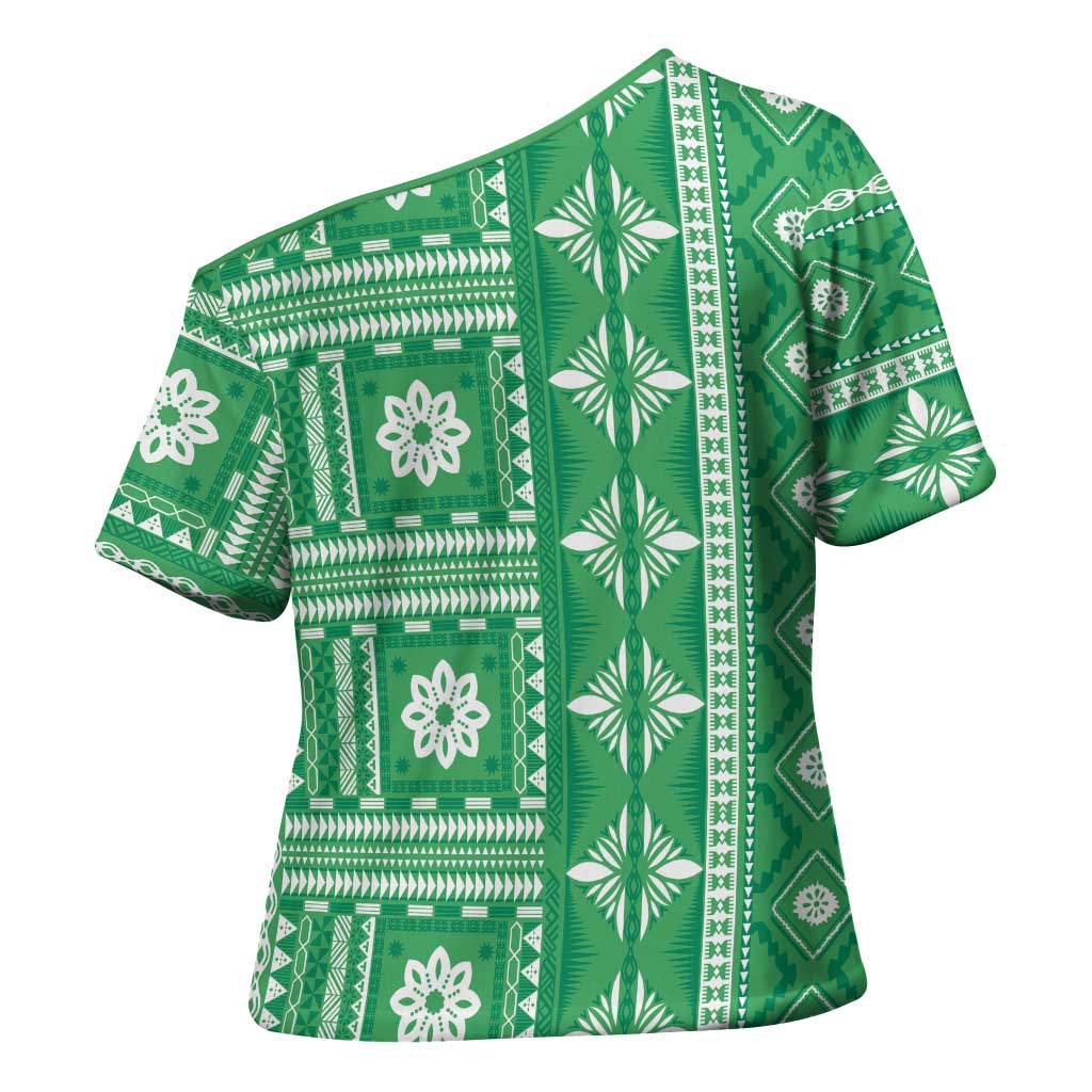 Fiji Masi All Green Cross Shoulder Shirt Tapa Pattern - Polynesian Pride