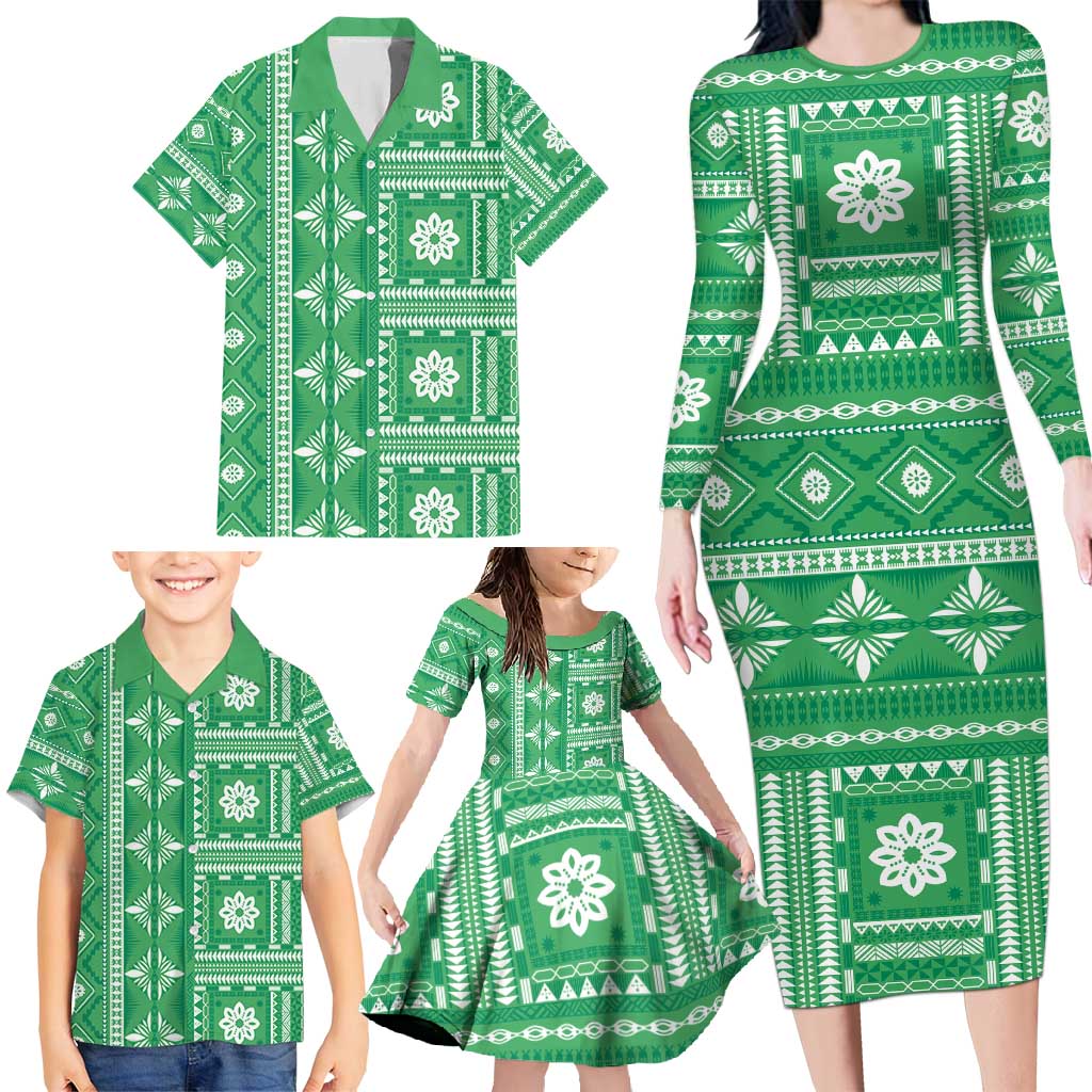 Fiji Masi All Green Family Matching Long Sleeve Bodycon Dress and Hawaiian Shirt Tapa Pattern - Polynesian Pride
