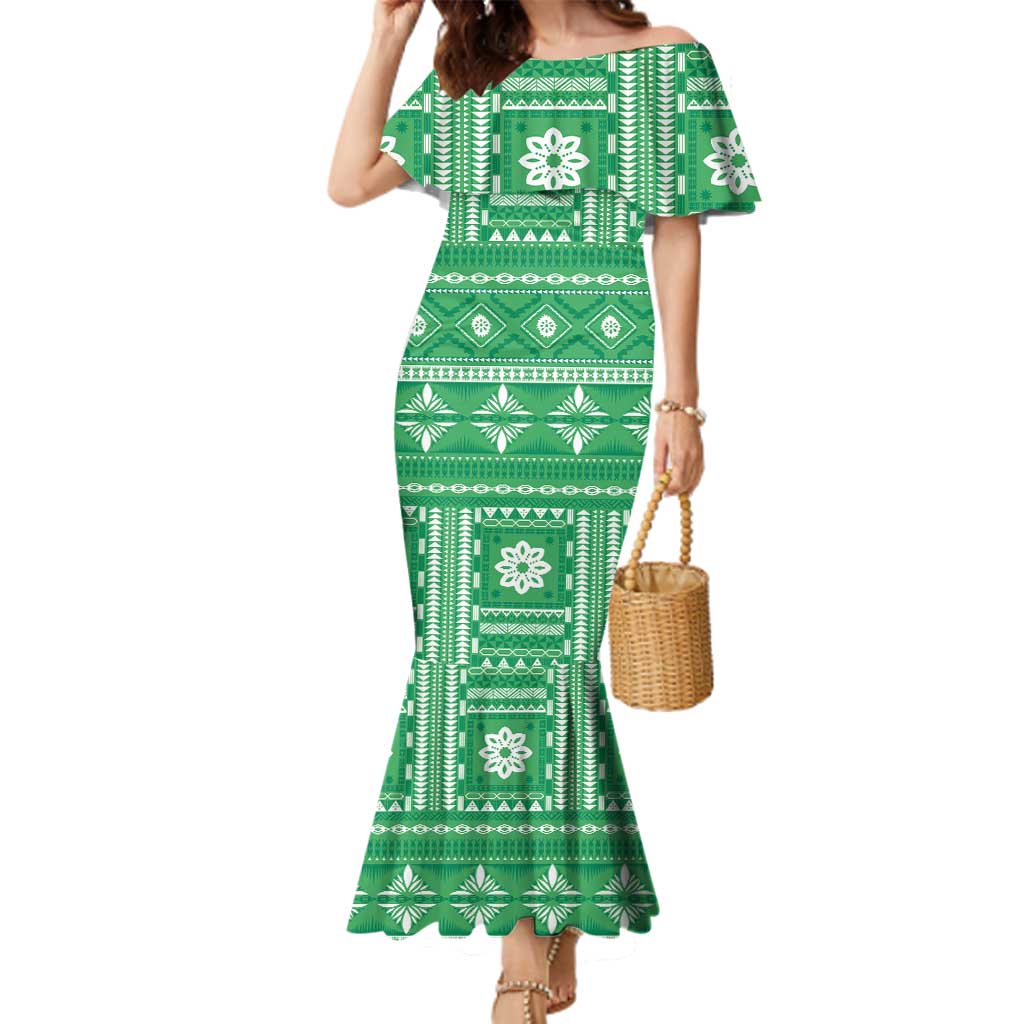 Fiji Masi All Green Family Matching Mermaid Dress and Hawaiian Shirt Tapa Pattern - Polynesian Pride